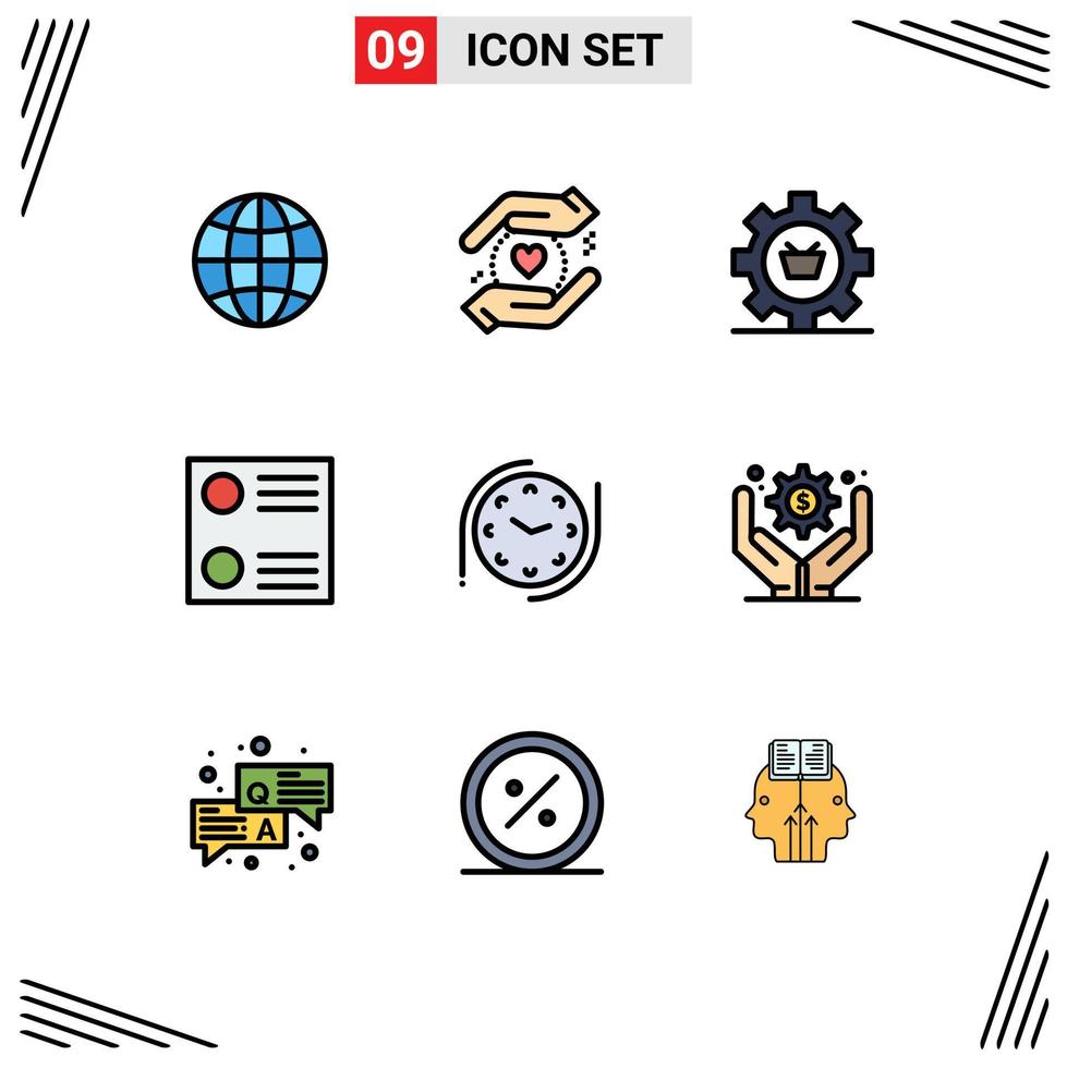 9 Universal Filledline Flat Color Signs Symbols of time radio button cart list gear Editable Vector Design Elements