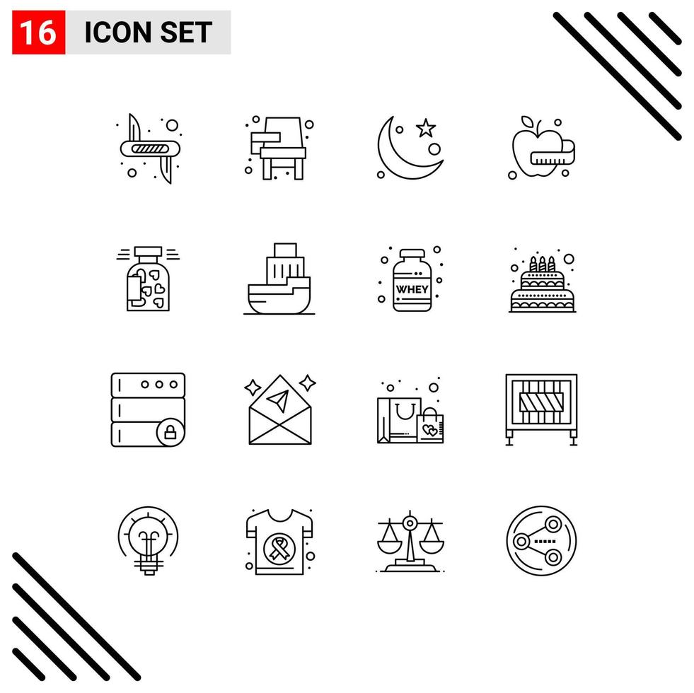 Pack of 16 Modern Outlines Signs and Symbols for Web Print Media such as jar medical apple learning ramadan moon Editable Vector Design Elements