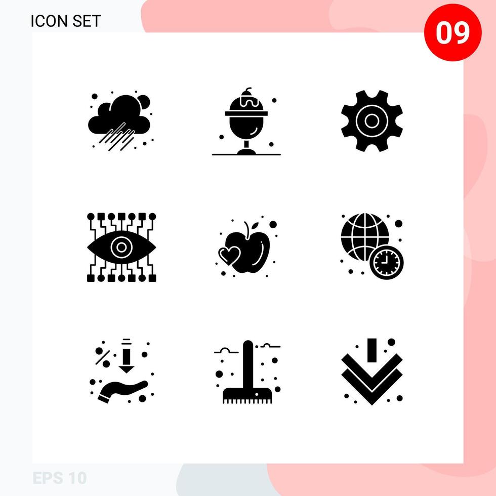Group of 9 Modern Solid Glyphs Set for food fruit gear apple watch Editable Vector Design Elements