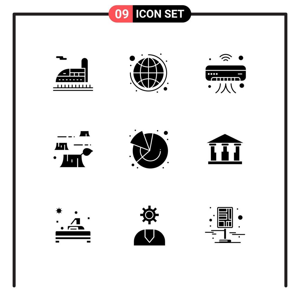 Set of 9 Vector Solid Glyphs on Grid for finance environment internet destruction damage Editable Vector Design Elements