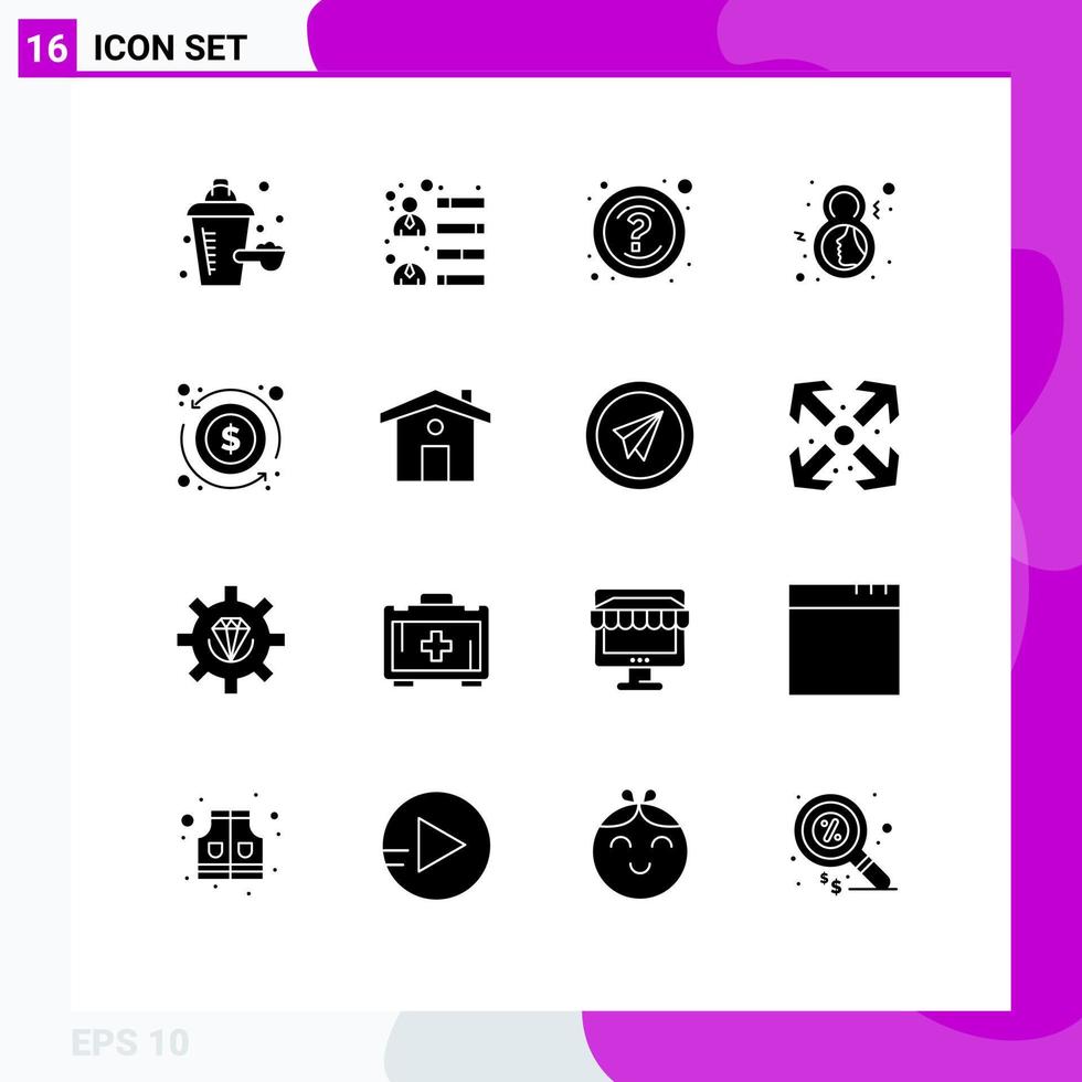 Set of 16 Commercial Solid Glyphs pack for dollar face question symbol eight Editable Vector Design Elements