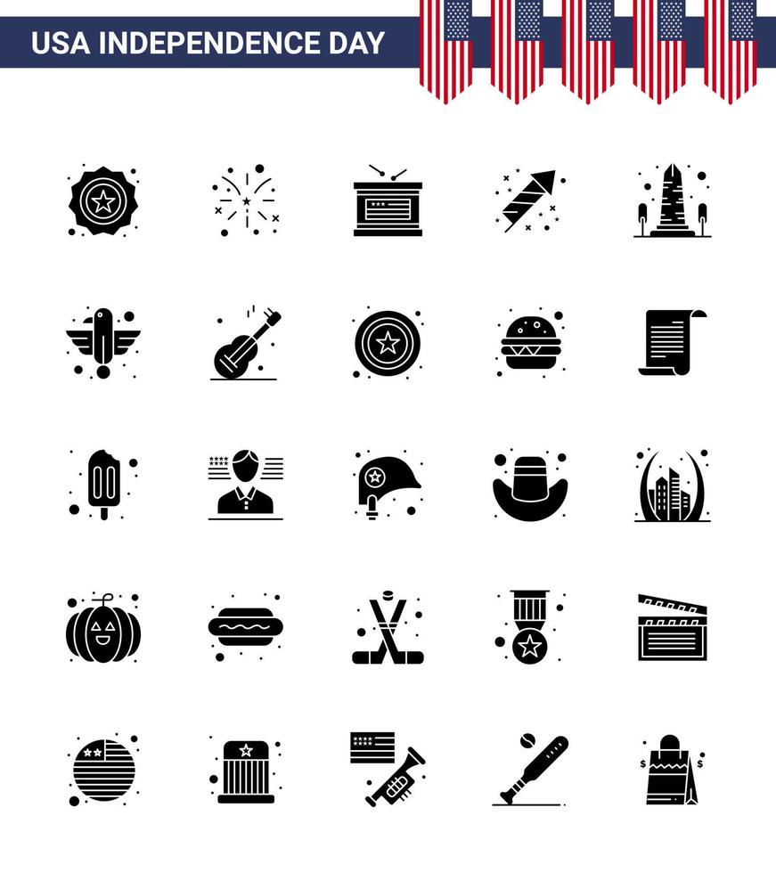 Happy Independence Day Pack of 25 Solid Glyph Signs and Symbols for monument holiday drum fireworks celebration Editable USA Day Vector Design Elements