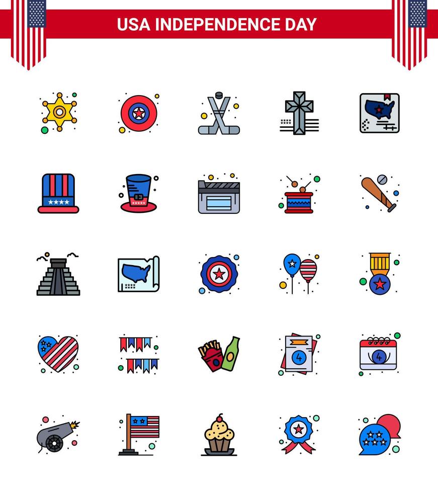 Stock Vector Icon Pack of American Day 25 Flat Filled Line Signs and Symbols for map american ice hockey church american Editable USA Day Vector Design Elements