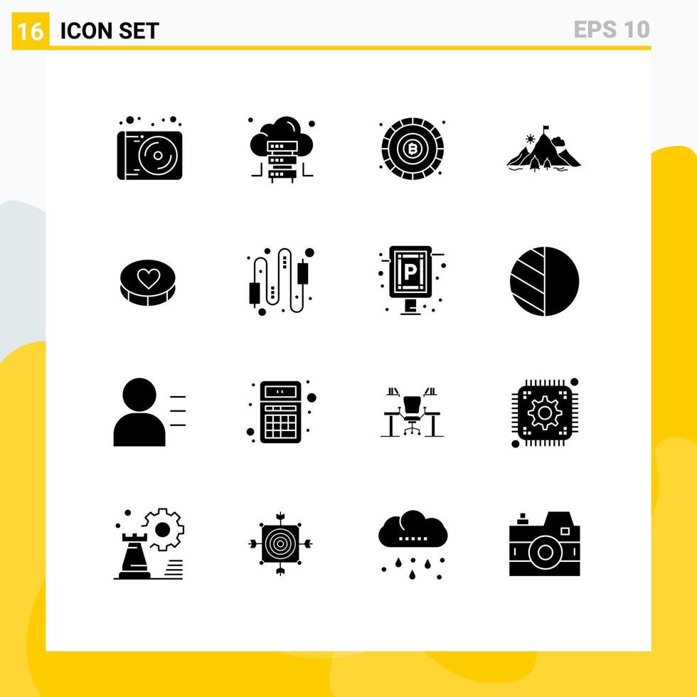 Modern Set of 16 Solid Glyphs and symbols such as love favorite coin success mission Editable Vector Design Elements