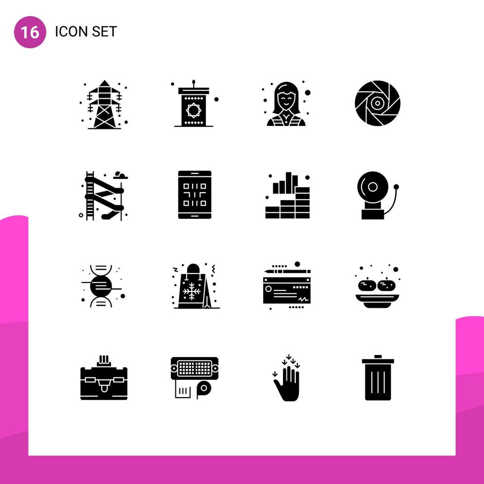 conjunto moderno de 16 glifos y símbolos sólidos, como elementos de diseño de vectores editables para técnicos de cine eid de entretenimiento de obturador