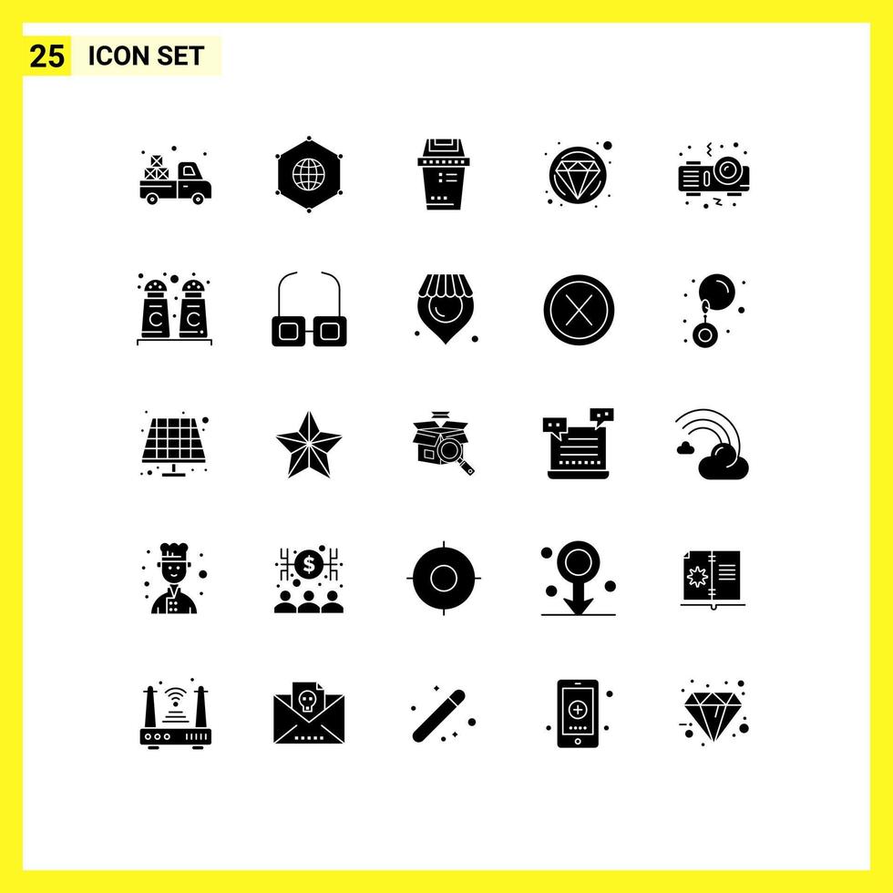 Group of 25 Solid Glyphs Signs and Symbols for night jewelry business diamond trash Editable Vector Design Elements