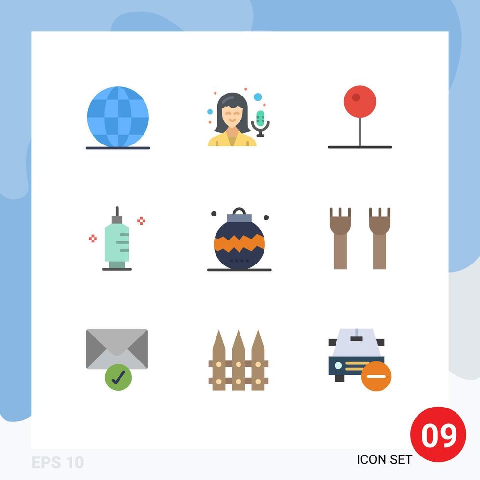 Group of 9 Flat Colors Signs and Symbols for event celebration media syringe medicine Editable Vector Design Elements