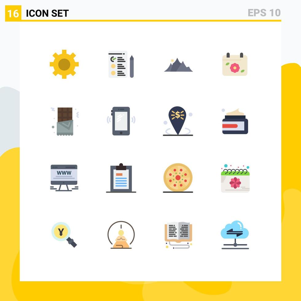 Flat Color Pack of 16 Universal Symbols of fast food spring landscape date calendar Editable Pack of Creative Vector Design Elements