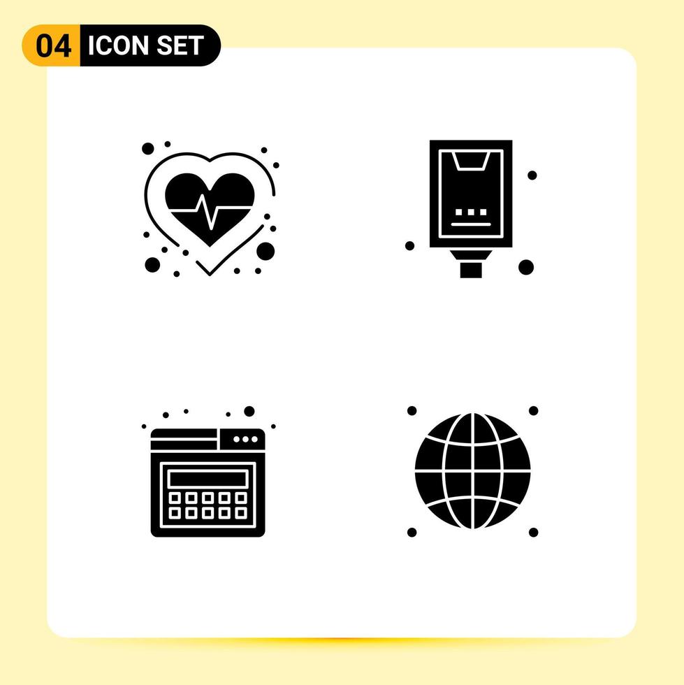 Mobile Interface Solid Glyph Set of 4 Pictograms of health landing check billboard web Editable Vector Design Elements