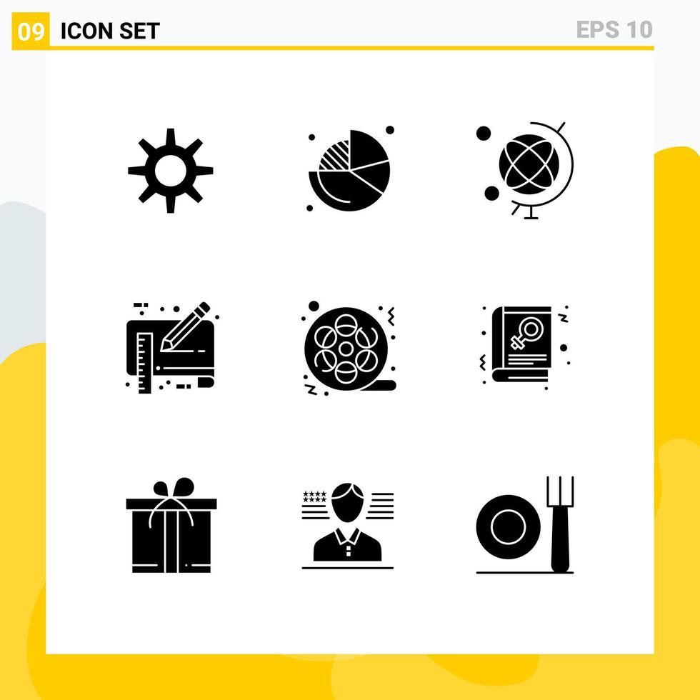 9 Universal Solid Glyphs Set for Web and Mobile Applications cinema film geography ruler draft Editable Vector Design Elements