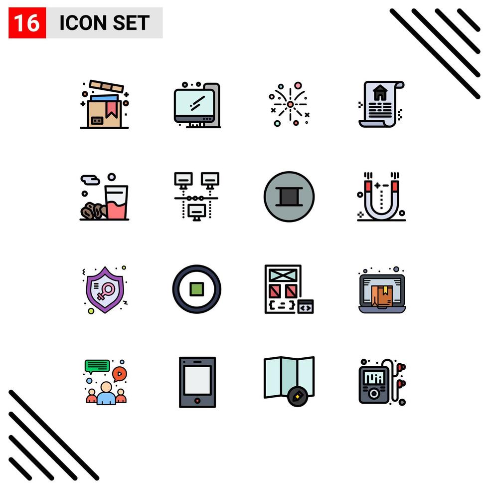 User Interface Pack of 16 Basic Flat Color Filled Lines of iftar drink fire work real document Editable Creative Vector Design Elements