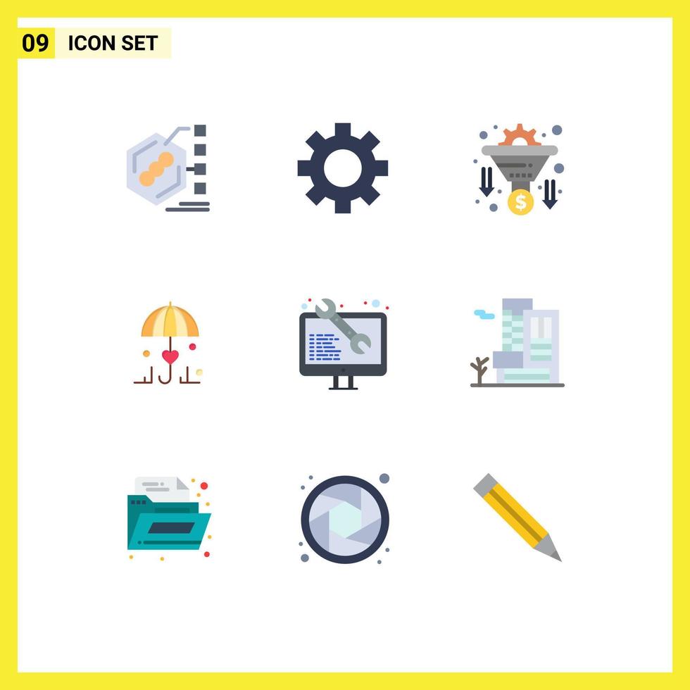 Group of 9 Flat Colors Signs and Symbols for software love conversion secure insurance Editable Vector Design Elements