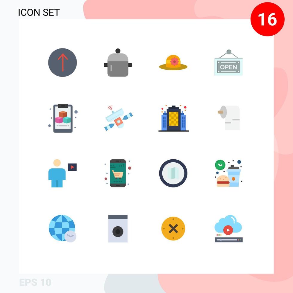 User Interface Pack of 16 Basic Flat Colors of satellite cube beach clipboard shop Editable Pack of Creative Vector Design Elements
