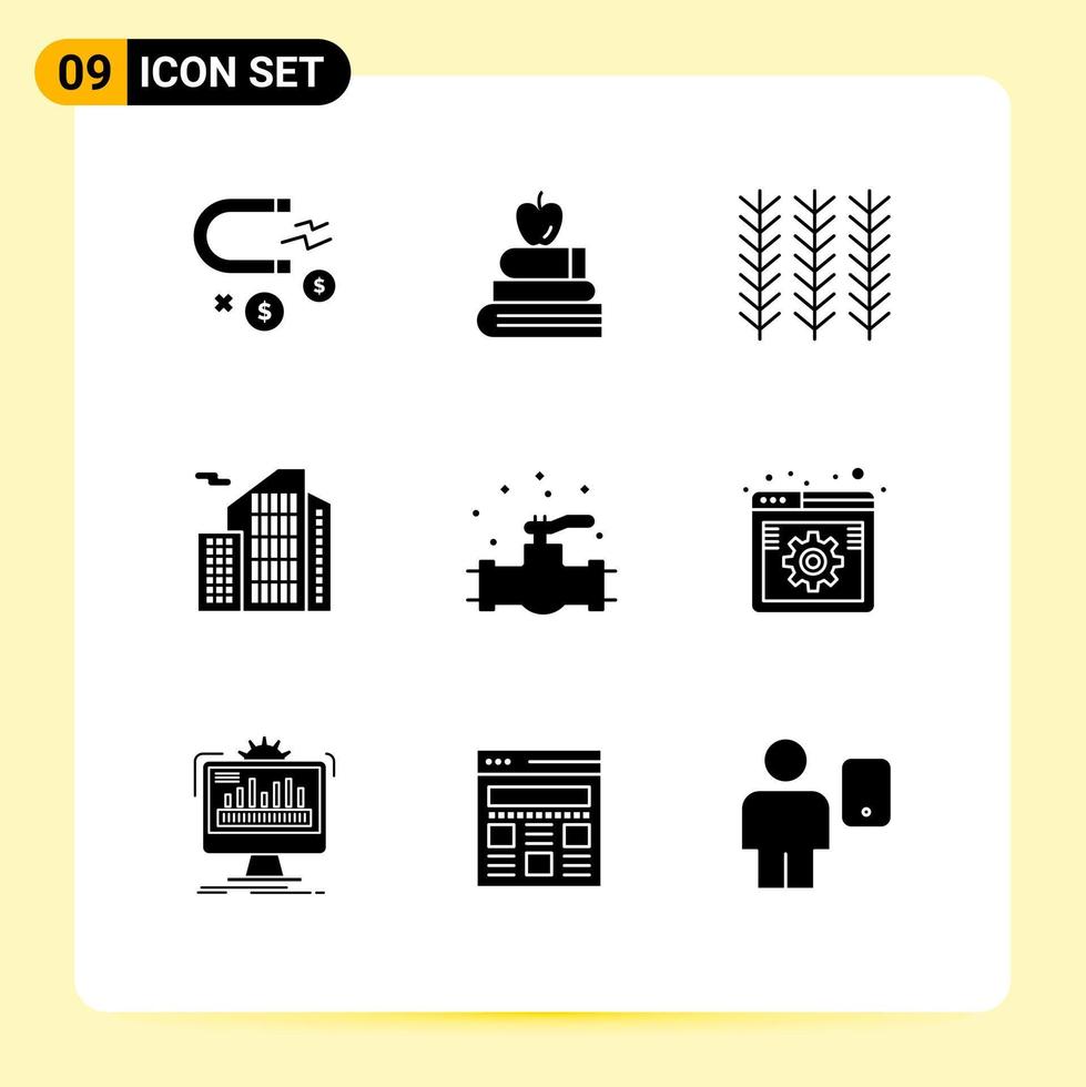 Group of 9 Modern Solid Glyphs Set for plumber office cereal real building Editable Vector Design Elements