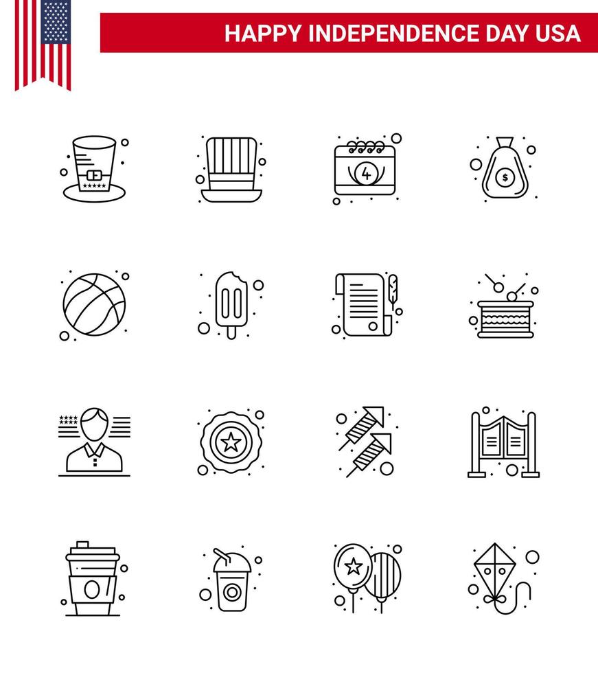 16 USA Line Pack of Independence Day Signs and Symbols of popsicle usa dollar football american Editable USA Day Vector Design Elements