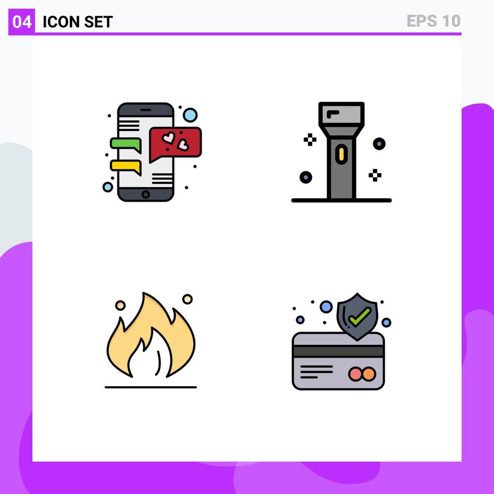4 Filledline Flat Color concept for Websites Mobile and Apps chat fire mobile phone flashlight oil Editable Vector Design Elements