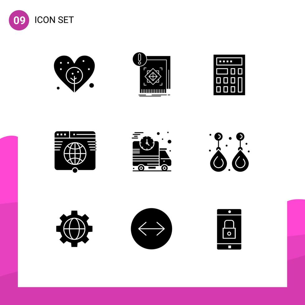 Mobile Interface Solid Glyph Set of 9 Pictograms of delivery website calculator network internet Editable Vector Design Elements