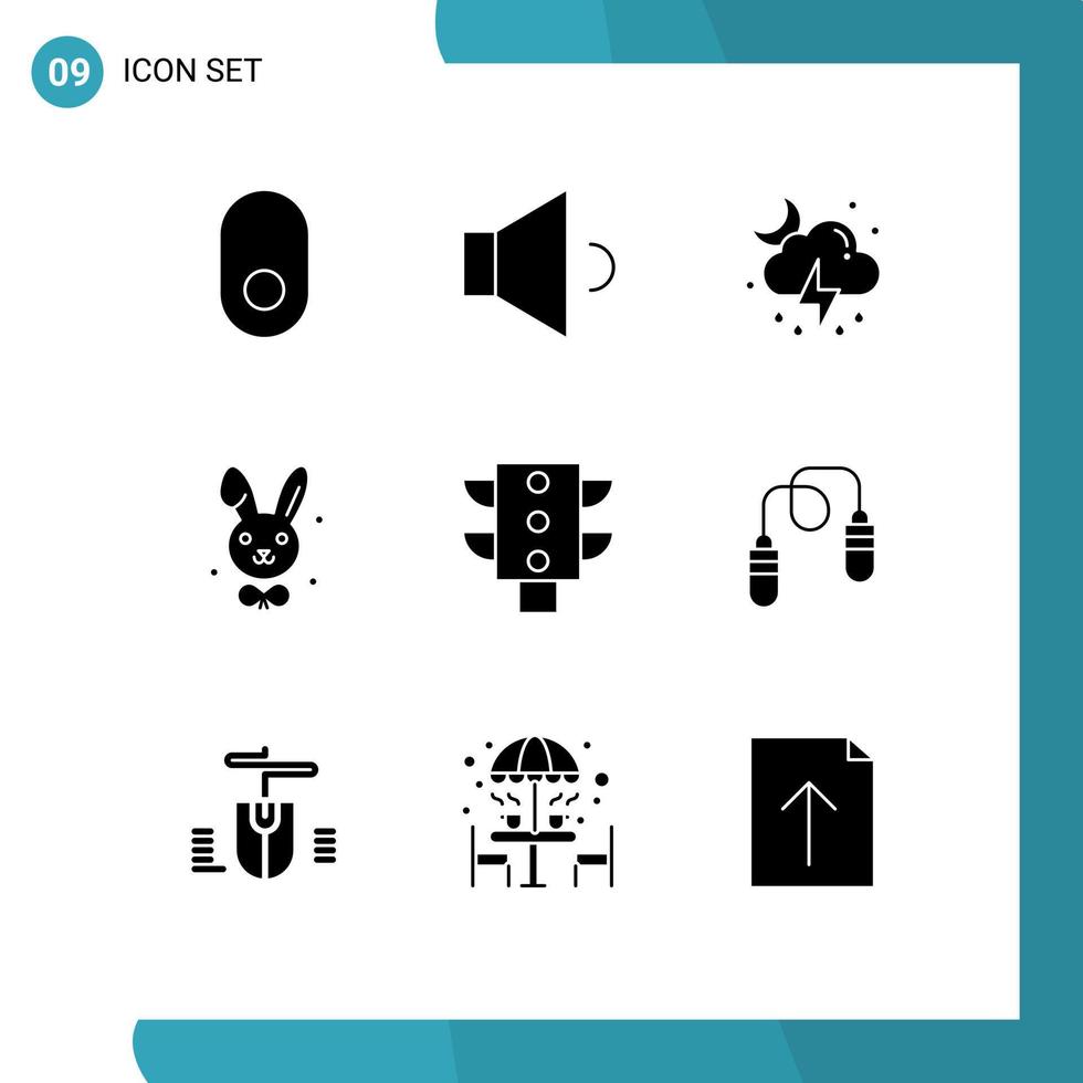 Pack of 9 Modern Solid Glyphs Signs and Symbols for Web Print Media such as fitness traffic moon maps rabbit Editable Vector Design Elements