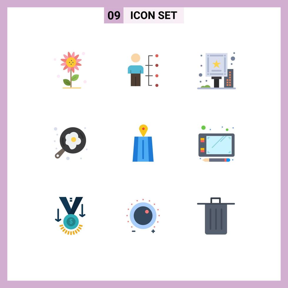 Pack of 9 creative Flat Colors of egg cooking man camping billboard Editable Vector Design Elements