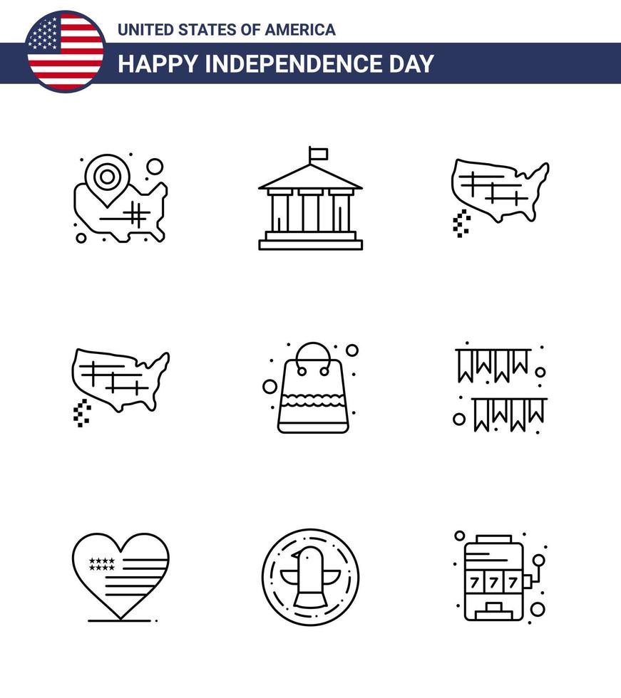 9 USA Line Pack of Independence Day Signs and Symbols of american day packages usa money usa Editable USA Day Vector Design Elements