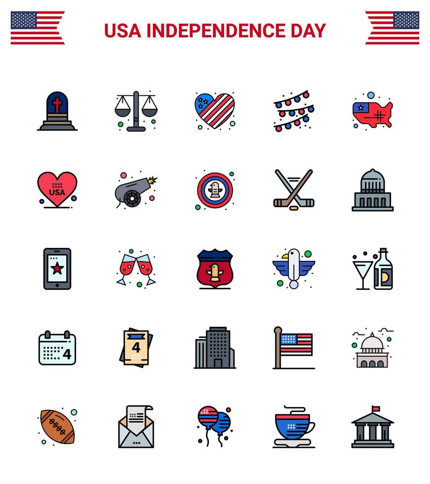 conjunto de 25 líneas llenas planas modernas paquete en el día de la independencia de estados unidos mapa unido banderines de bombilla de fiesta americana elementos de diseño de vector de día de estados unidos editables