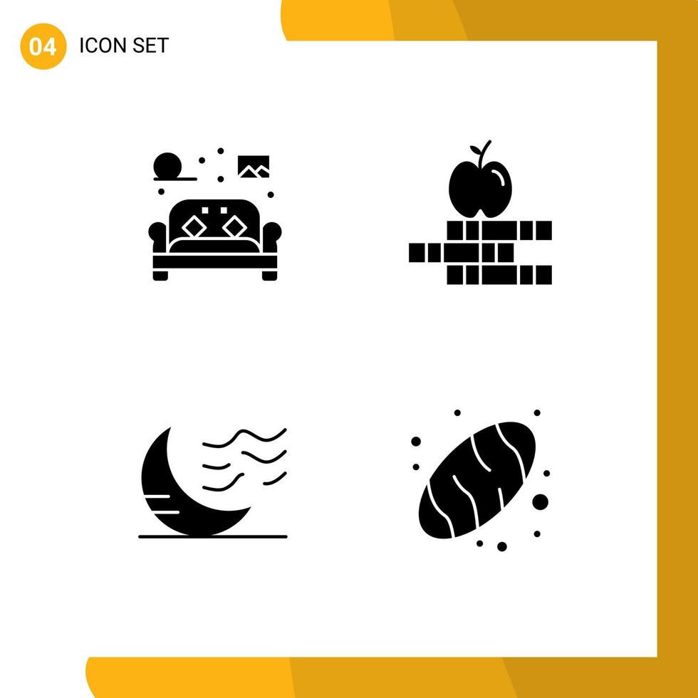 4 Universal Solid Glyphs Set for Web and Mobile Applications chair moon living books sleep Editable Vector Design Elements