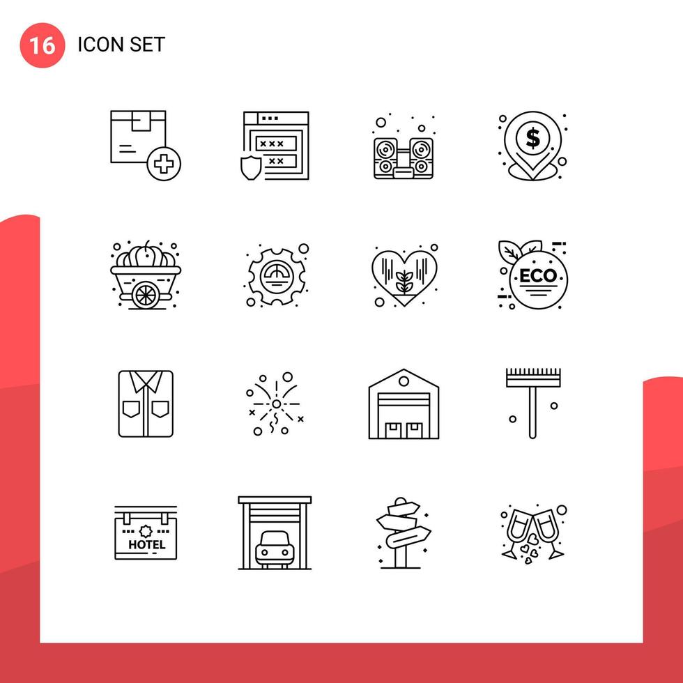 Set of 16 Modern UI Icons Symbols Signs for pumpkin pin storage location speaker Editable Vector Design Elements