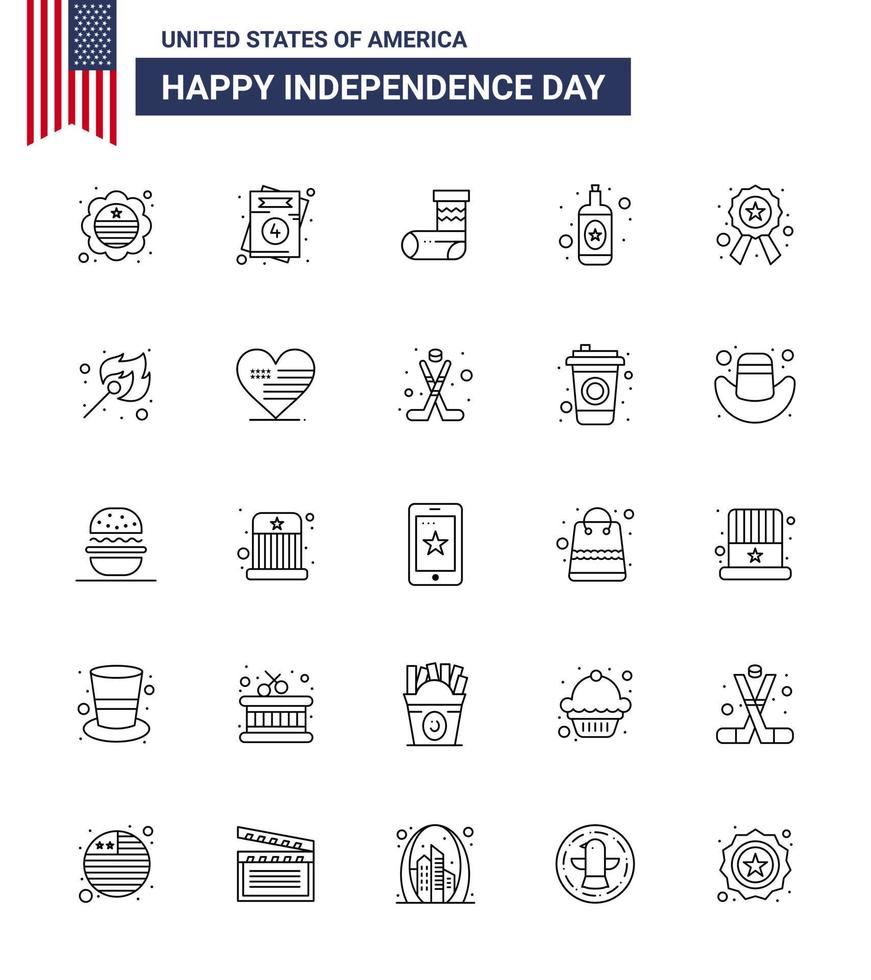 Happy Independence Day USA Pack of 25 Creative Lines of star badge celebration wine alcohol Editable USA Day Vector Design Elements