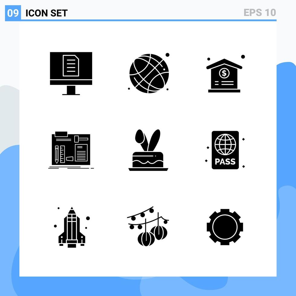 Modern 9 solid style icons Glyph Symbols for general use Creative Solid Icon Sign Isolated on White Background 9 Icons Pack Creative Black Icon vector background