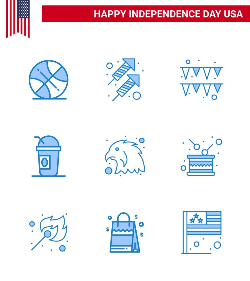 Happy Independence Day Pack of 9 Blues Signs and Symbols for eagle animal festival states american Editable USA Day Vector Design Elements