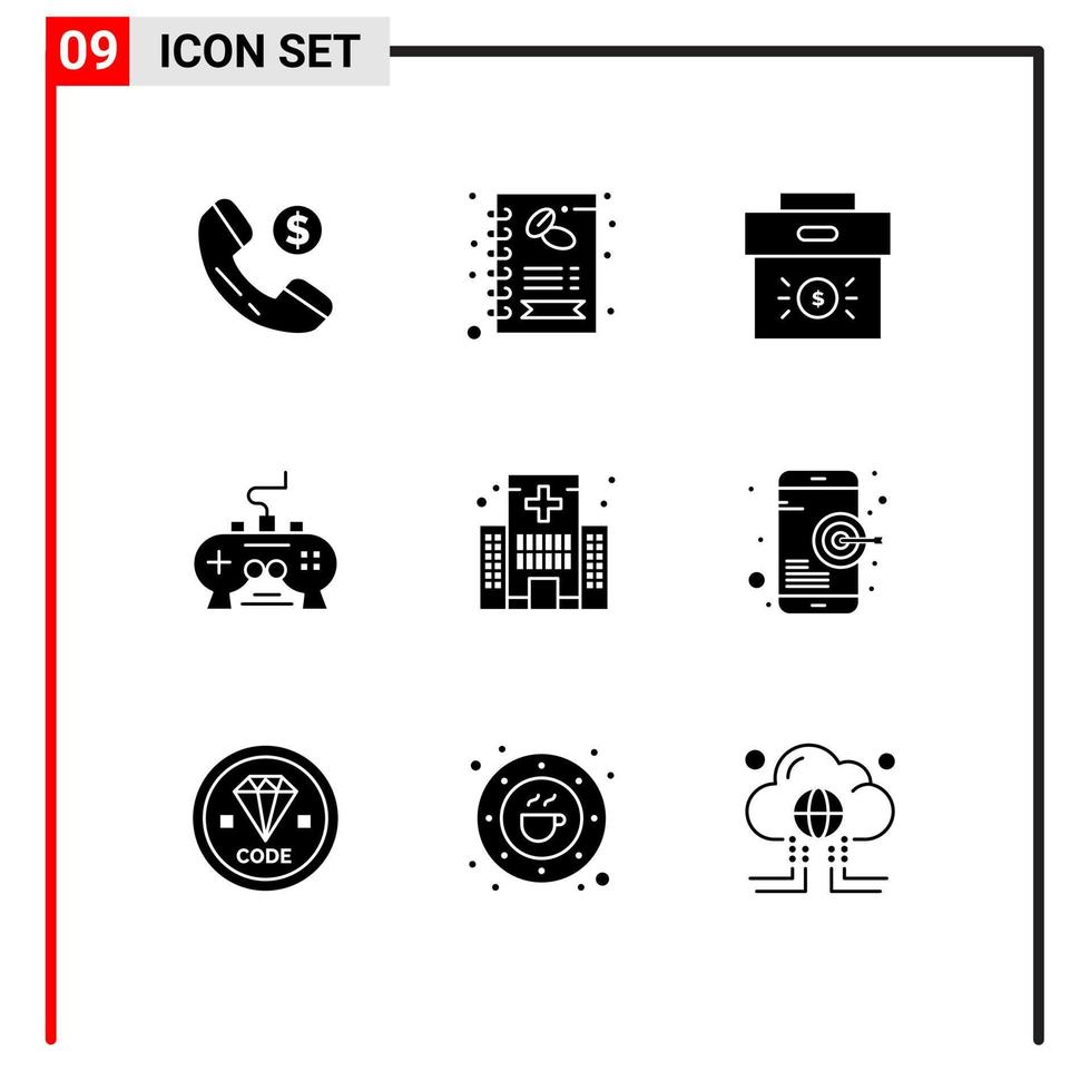 9 Thematic Vector Solid Glyphs and Editable Symbols of building xbox business video game Editable Vector Design Elements