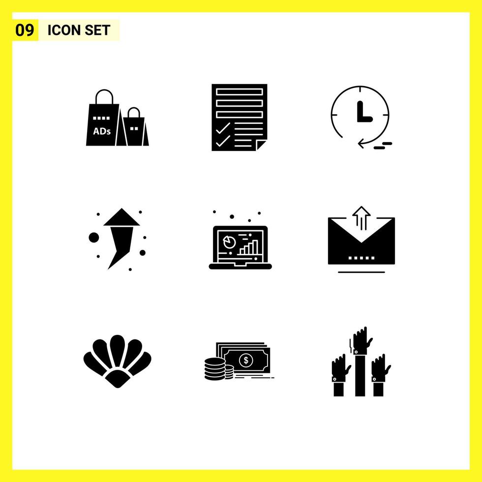 Universal Icon Symbols Group of 9 Modern Solid Glyphs of analytic up paper right watch Editable Vector Design Elements