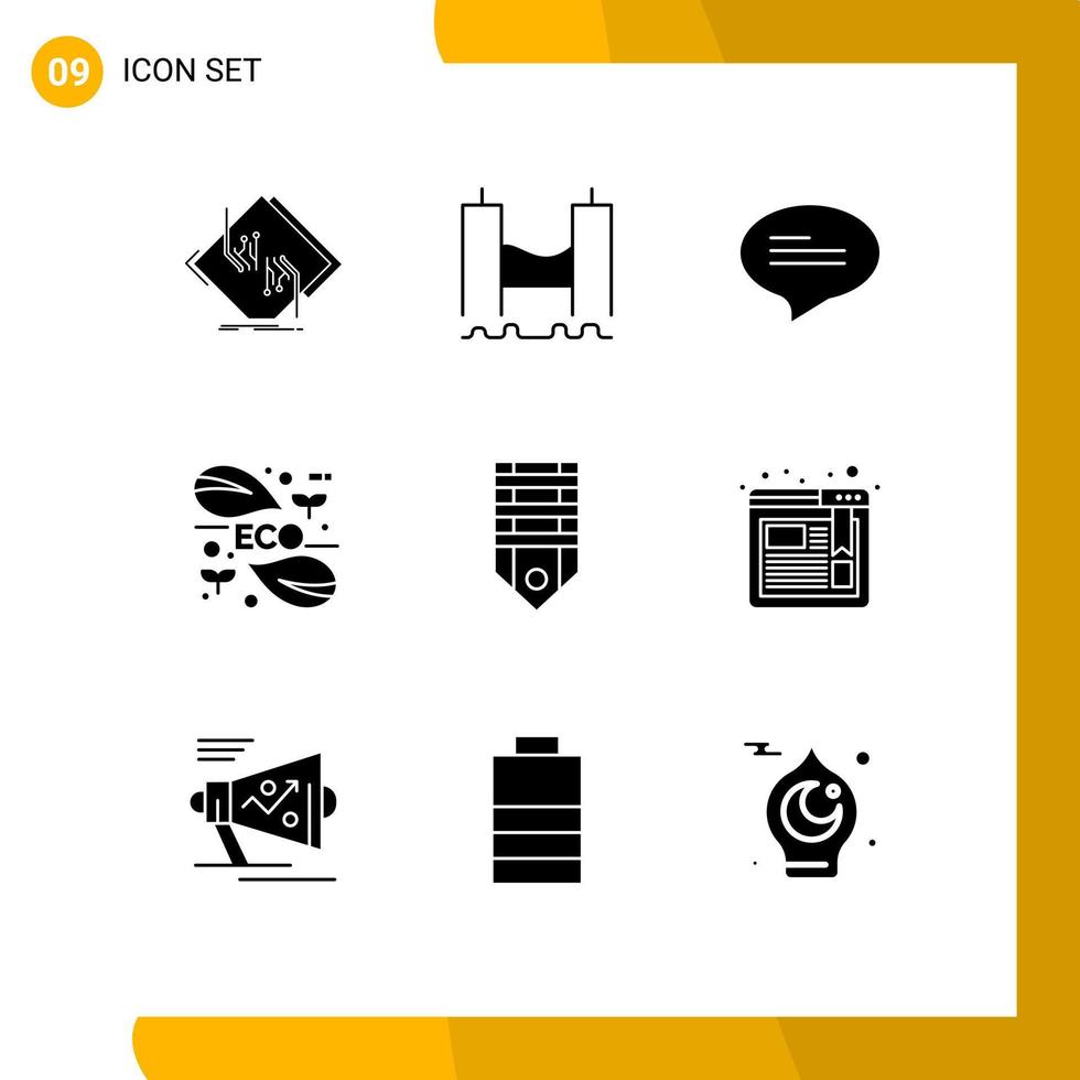 conjunto de glifos sólidos de interfaz móvil de 9 pictogramas de mensajes de energía industrial verde ciencia elementos de diseño vectorial editables vector