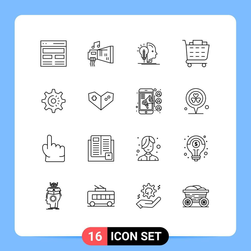 Universal Icon Symbols Group of 16 Modern Outlines of cog checkout hardware buy making Editable Vector Design Elements
