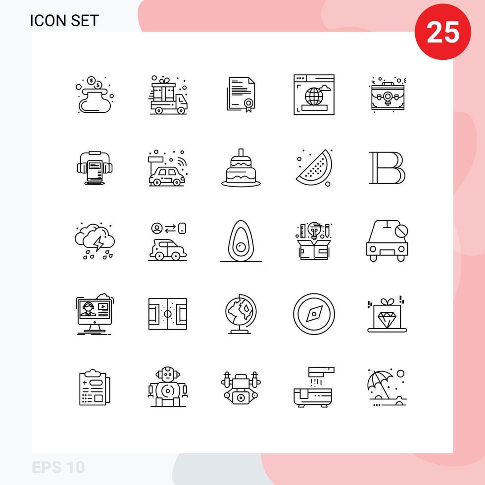 User Interface Pack of 25 Basic Lines of employee bag diploma web browser Editable Vector Design Elements