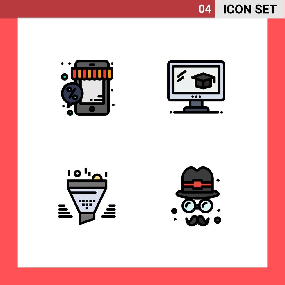 paquete de 4 signos y símbolos de colores planos de línea de relleno modernos para medios de impresión web, como elementos de diseño de vectores editables de la herramienta de tapa de tienda de embudo de descuento