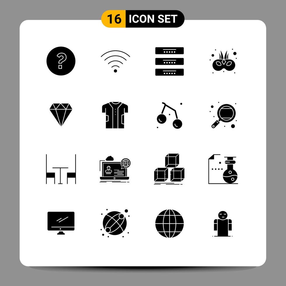 Modern Set of 16 Solid Glyphs Pictograph of jewelry diamond drawer mask entertainment Editable Vector Design Elements