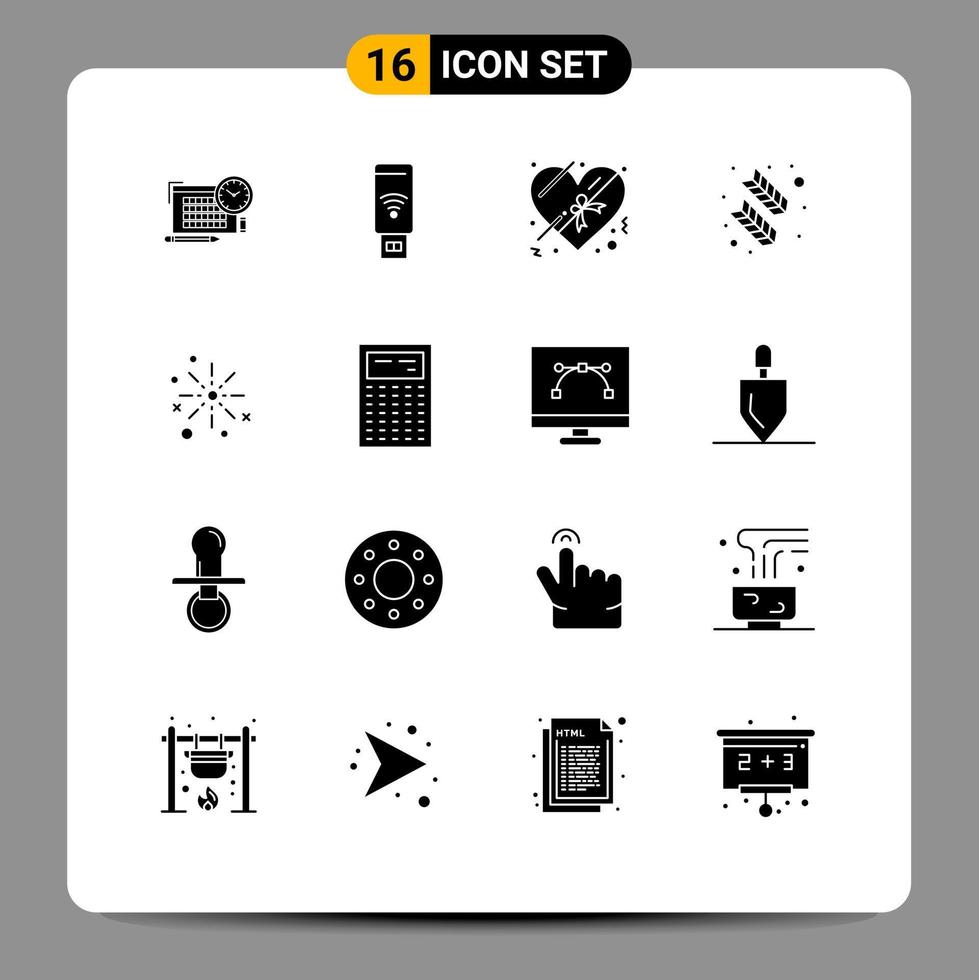 Universal Icon Symbols Group of 16 Modern Solid Glyphs of celebrate bang chocolate quinn feather calligraphy Editable Vector Design Elements