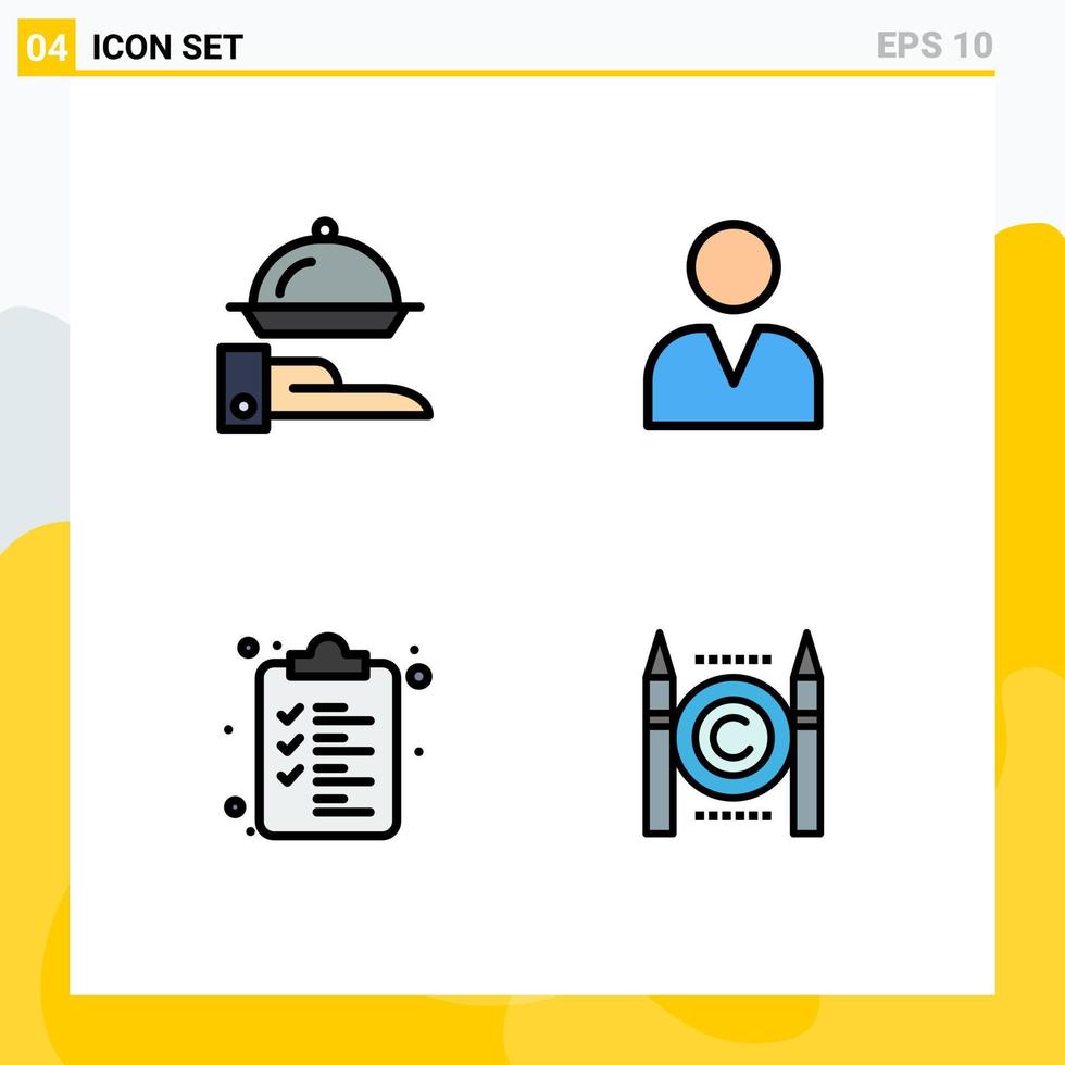 Filledline Flat Color Pack of 4 Universal Symbols of food clipboard serving user conflict Editable Vector Design Elements