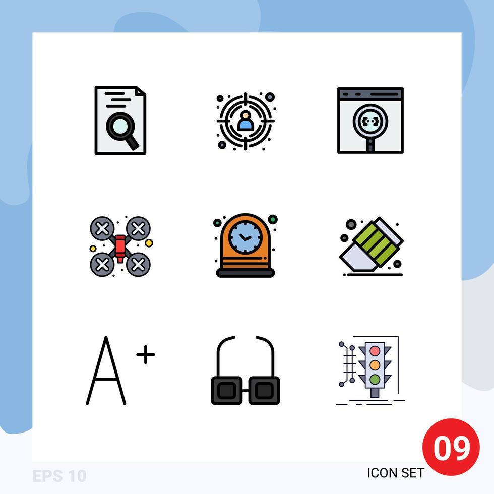 Stock Vector Icon Pack of 9 Line Signs and Symbols for time clock coding drone robot camera Editable Vector Design Elements