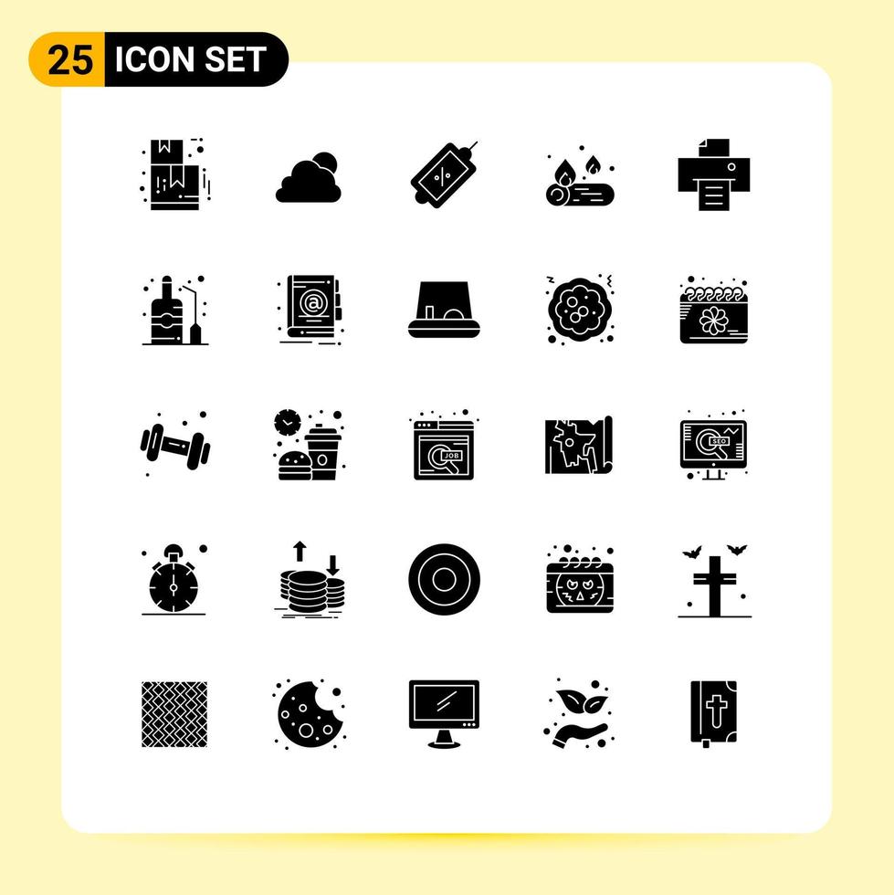 Solid Glyph Pack of 25 Universal Symbols of label print market device camping Editable Vector Design Elements