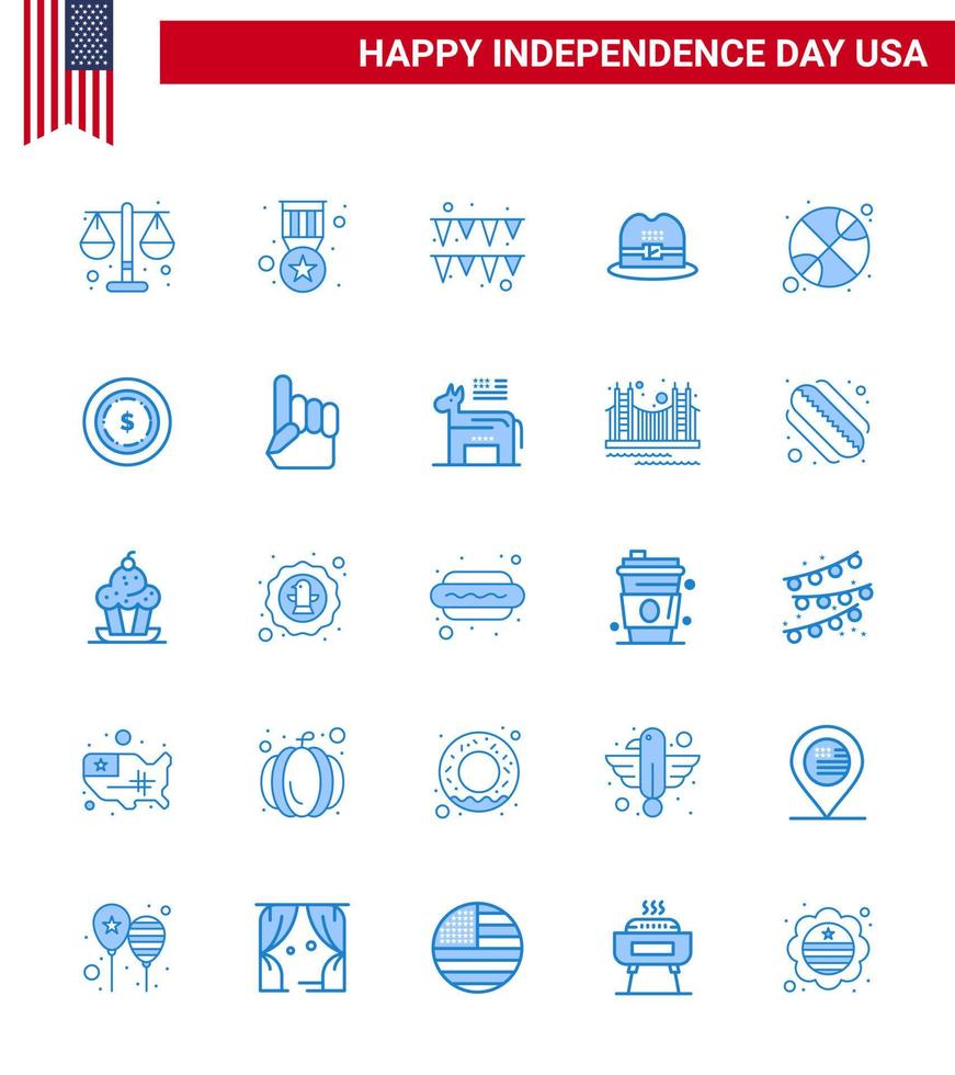 25 USA Blue Pack of Independence Day Signs and Symbols of day ball festival basketball cap Editable USA Day Vector Design Elements