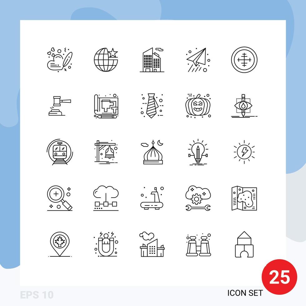 25 Universal Line Signs Symbols of soldier badge building army paper plane Editable Vector Design Elements