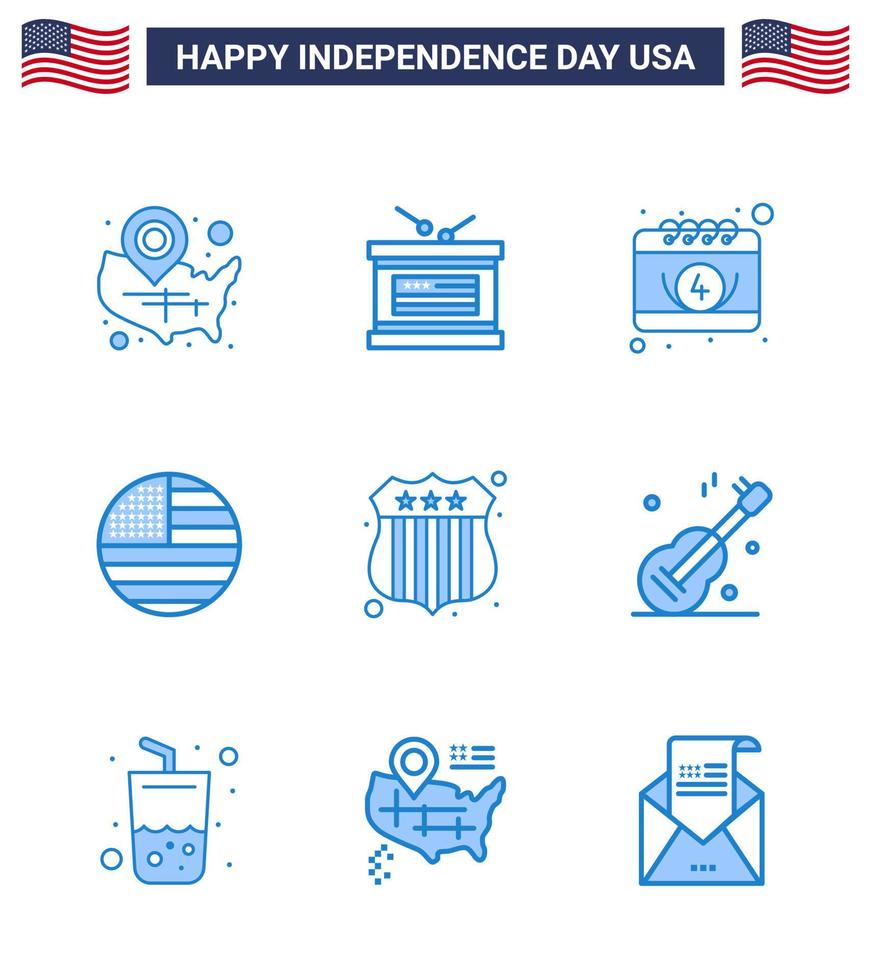 Pack of 9 USA Independence Day Celebration Blues Signs and 4th July Symbols such as badge thanksgiving independence day flag day Editable USA Day Vector Design Elements