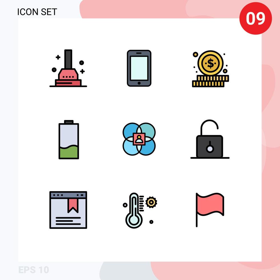 9 User Interface Filledline Flat Color Pack of modern Signs and Symbols of human character shopping low electricity Editable Vector Design Elements