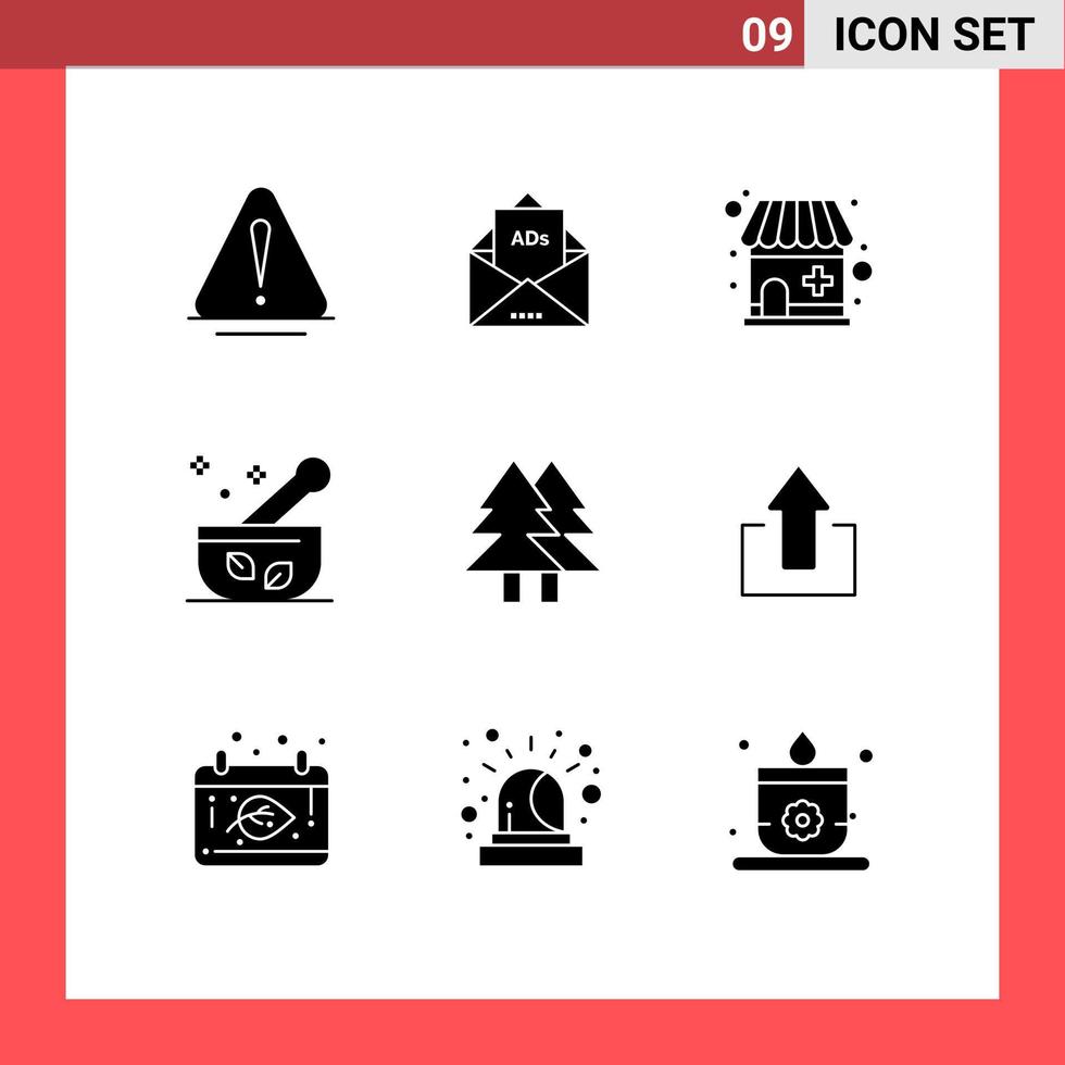 Modern Set of 9 Solid Glyphs and symbols such as eco soup mail medicine hospital Editable Vector Design Elements