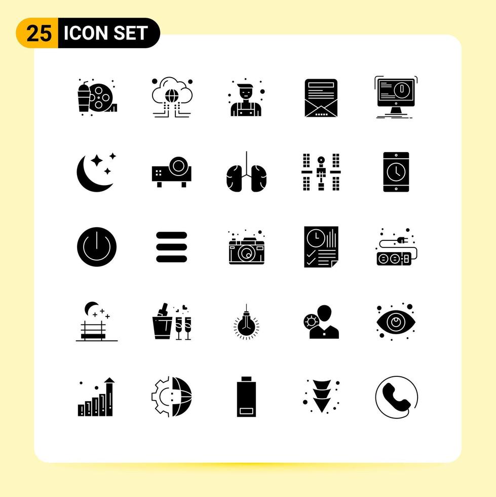 Editable Vector Line Pack of 25 Simple Solid Glyphs of attack alert internet newsletter enewsletter Editable Vector Design Elements