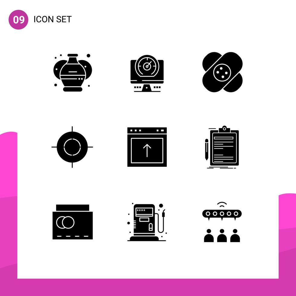 Mobile Interface Solid Glyph Set of 9 Pictograms of browser target healthcare point aim Editable Vector Design Elements