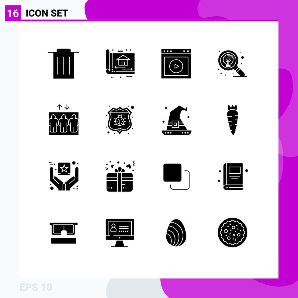 Modern Set of 16 Solid Glyphs and symbols such as thinking idea play find website Editable Vector Design Elements