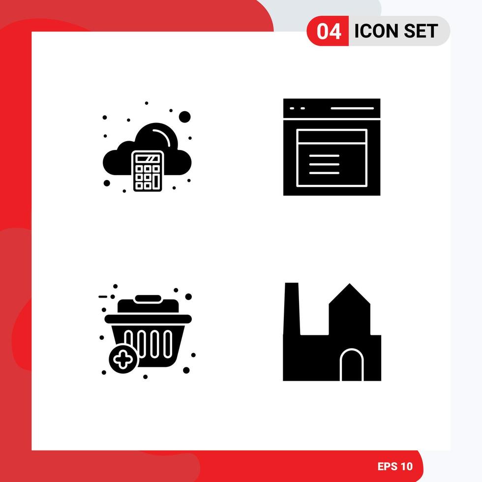 Pack of 4 Modern Solid Glyphs Signs and Symbols for Web Print Media such as accounting basket tax modal shopping Editable Vector Design Elements